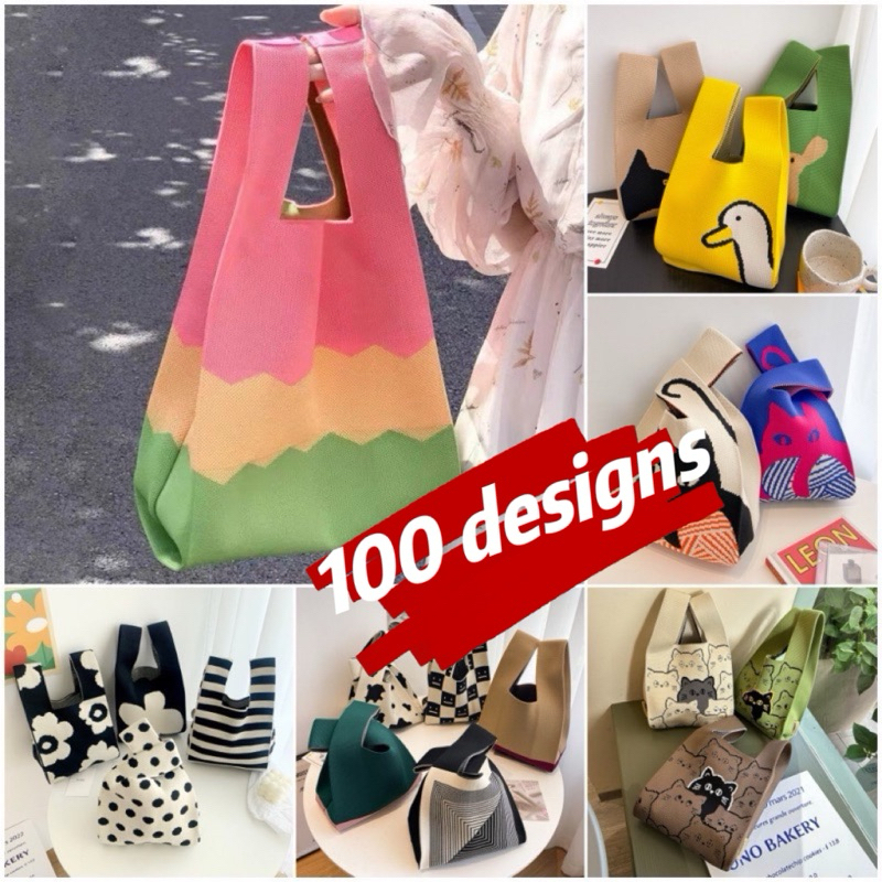[Local] Knit bag/ Lunch bag/ Candy Color Striped Knit Handbag/ Tote Bag Women Handbags